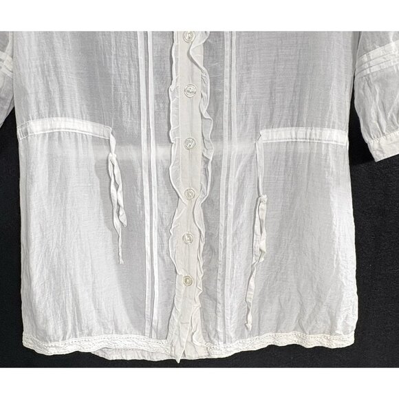 LILLY LOU Women Silk Blend Top Button Front Lace 3/4 Sleeve Sz M White 71-3 - Picture 5 of 10